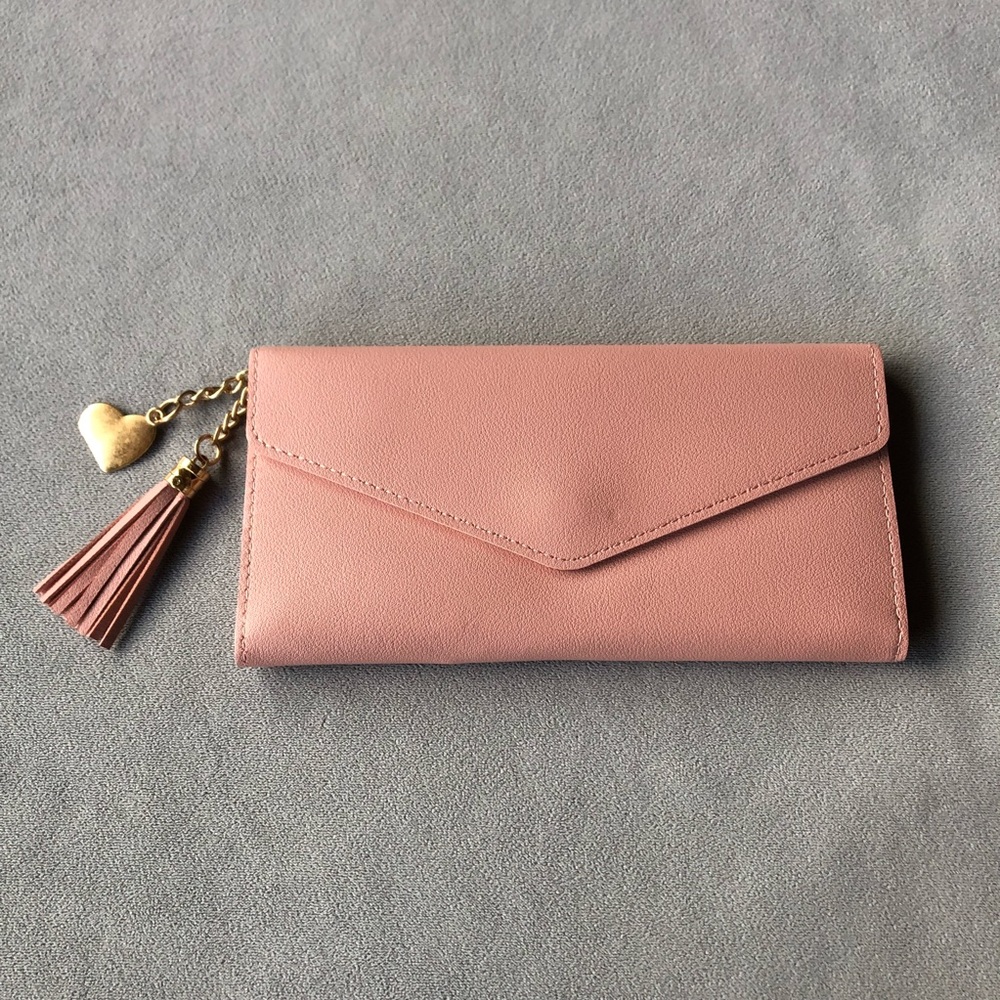 Bifold Long Wallet ~ Pink with Heart & Fringe Tassel ~ Brand New!